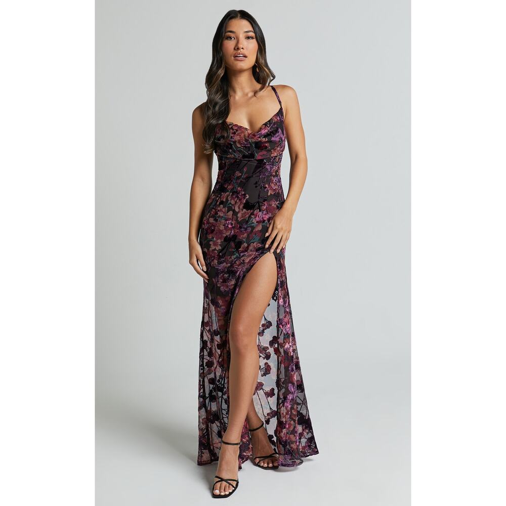 NWT Showpo. Women's Purple Cowl Cross Back Aletta Maxi Dress Size 6